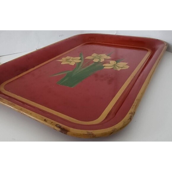 Vintage Red Metal Tray Mustard Yellow Daffodils Green Leaves 14" x 9" - Picture 7 of 12